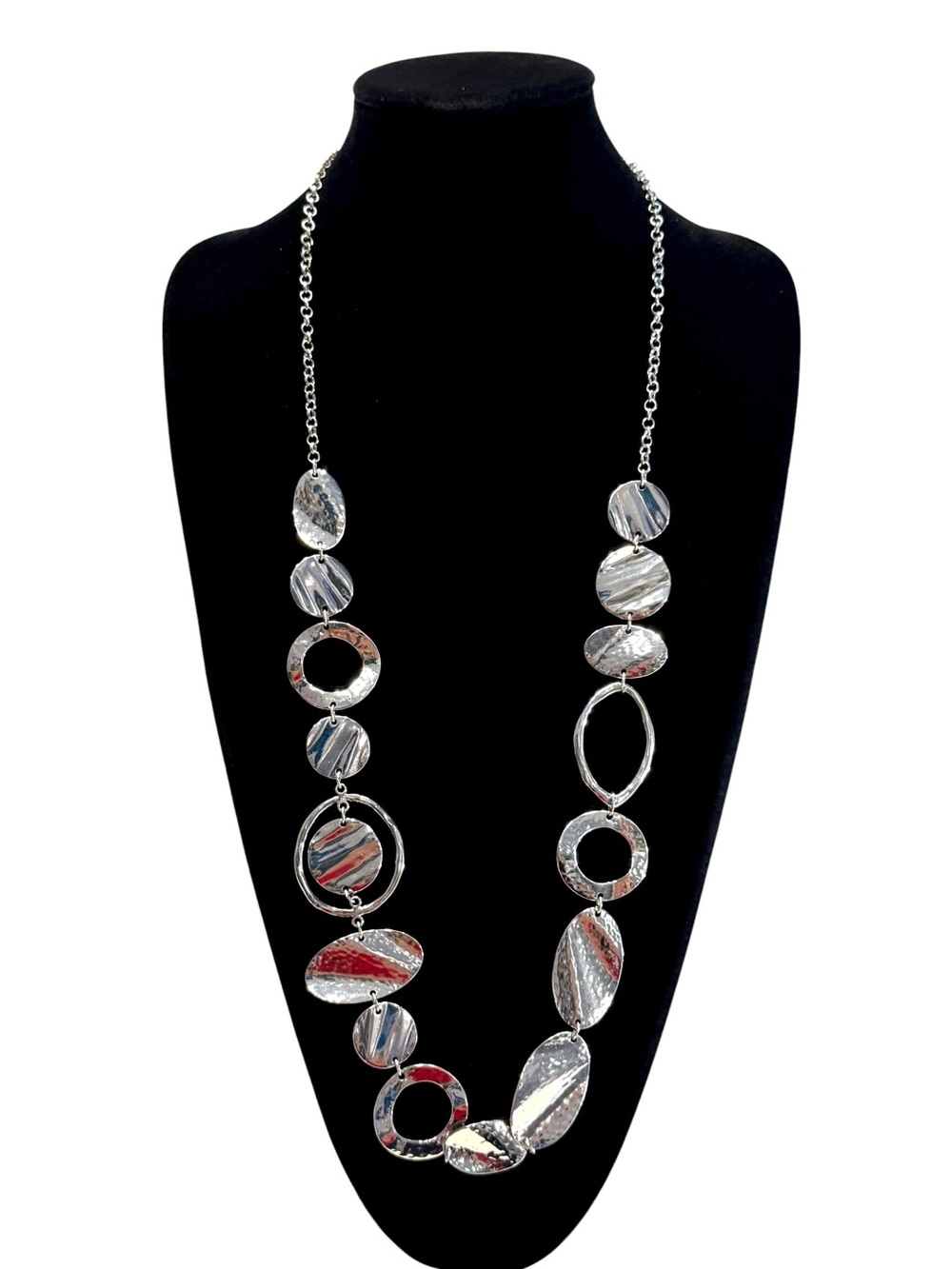 CHICO’s Silver-Tone Geometric Disc Link Long Necklace | NEW